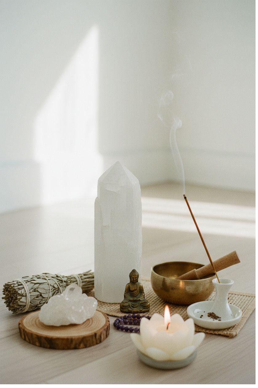 Sacred altar with Buddha, candle and singing bowl