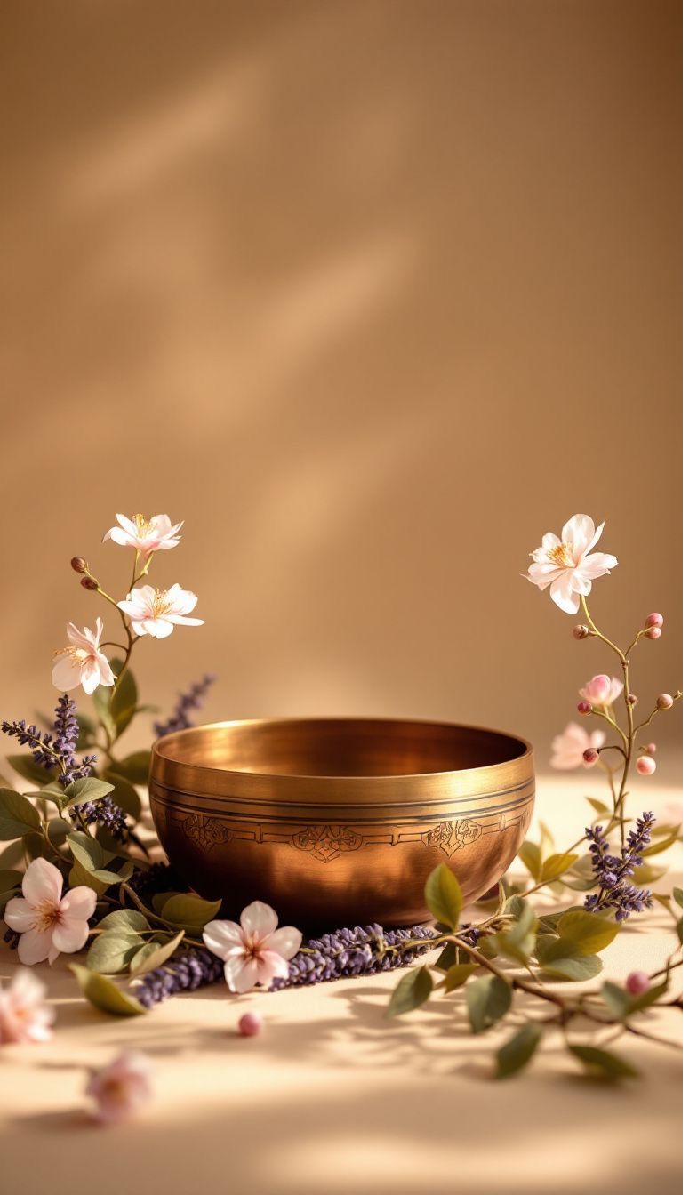 Tibetan singing bowl surrounded by flowers